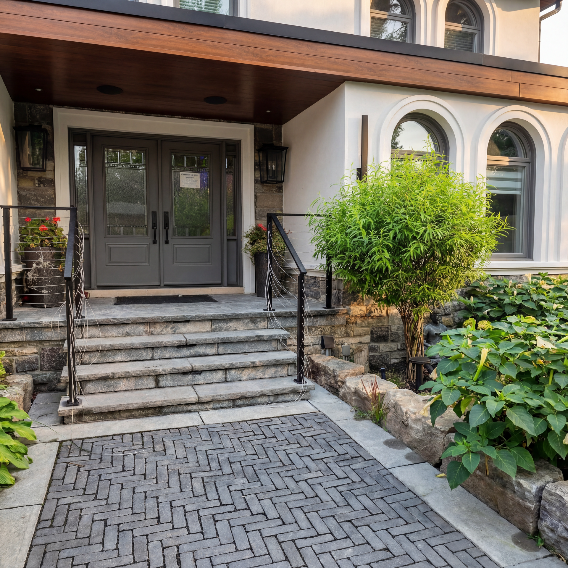 Grey brick walkway and steps lead to a house with gray double doors and arched windows.