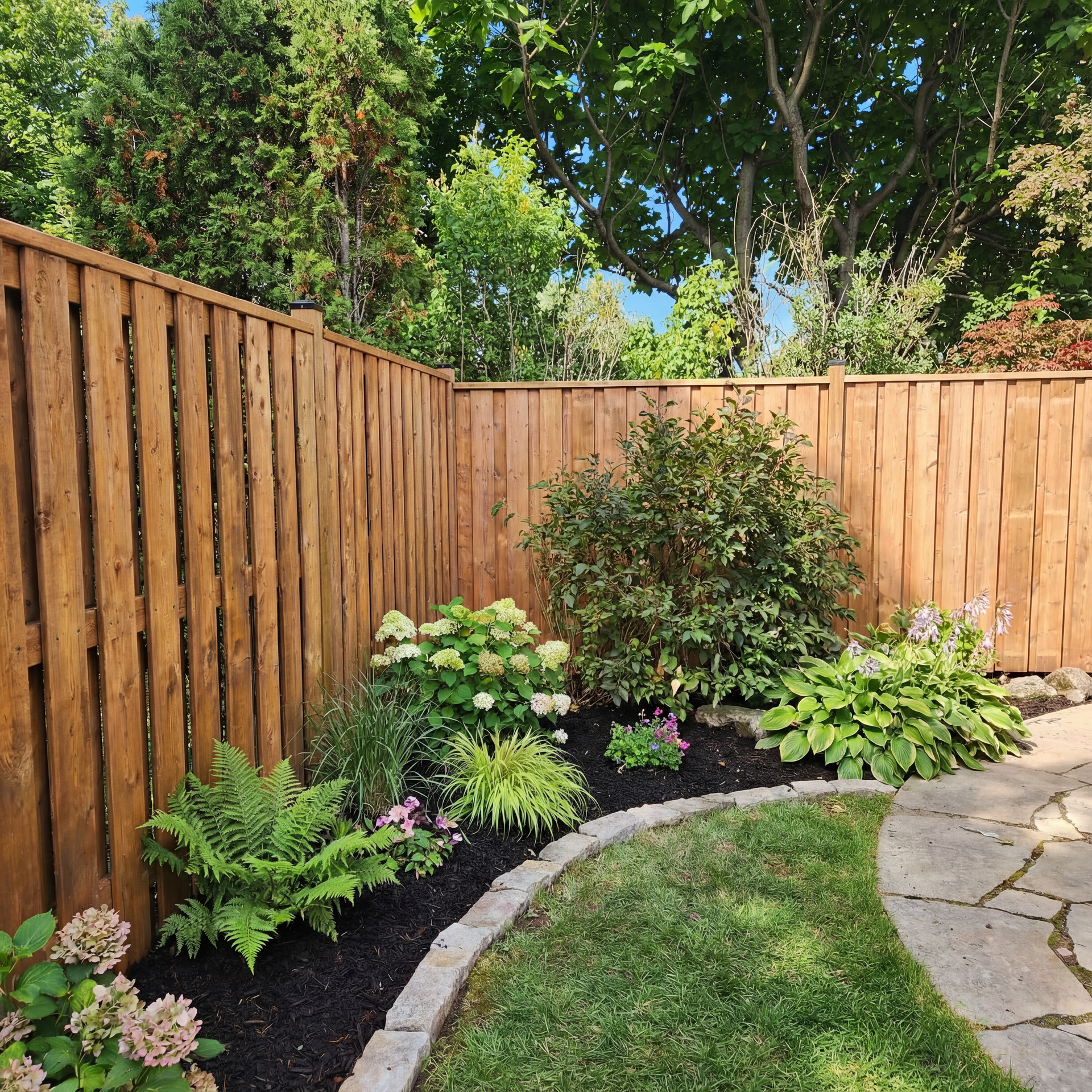 A wooden fence is surrounded by trees and rocks.