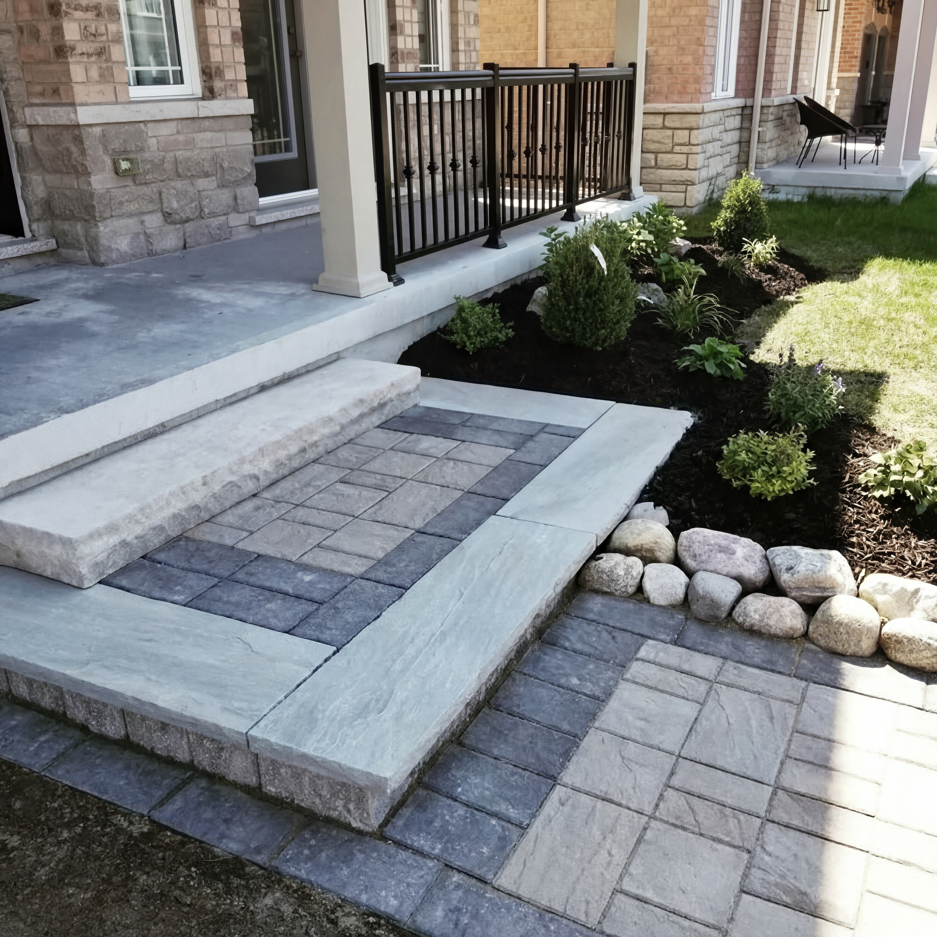 A brick walkway leading to a porch of a house