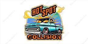 Logo for "Hot Spot Collision" featuring a teal vintage pickup truck with orange text and a sunset background.