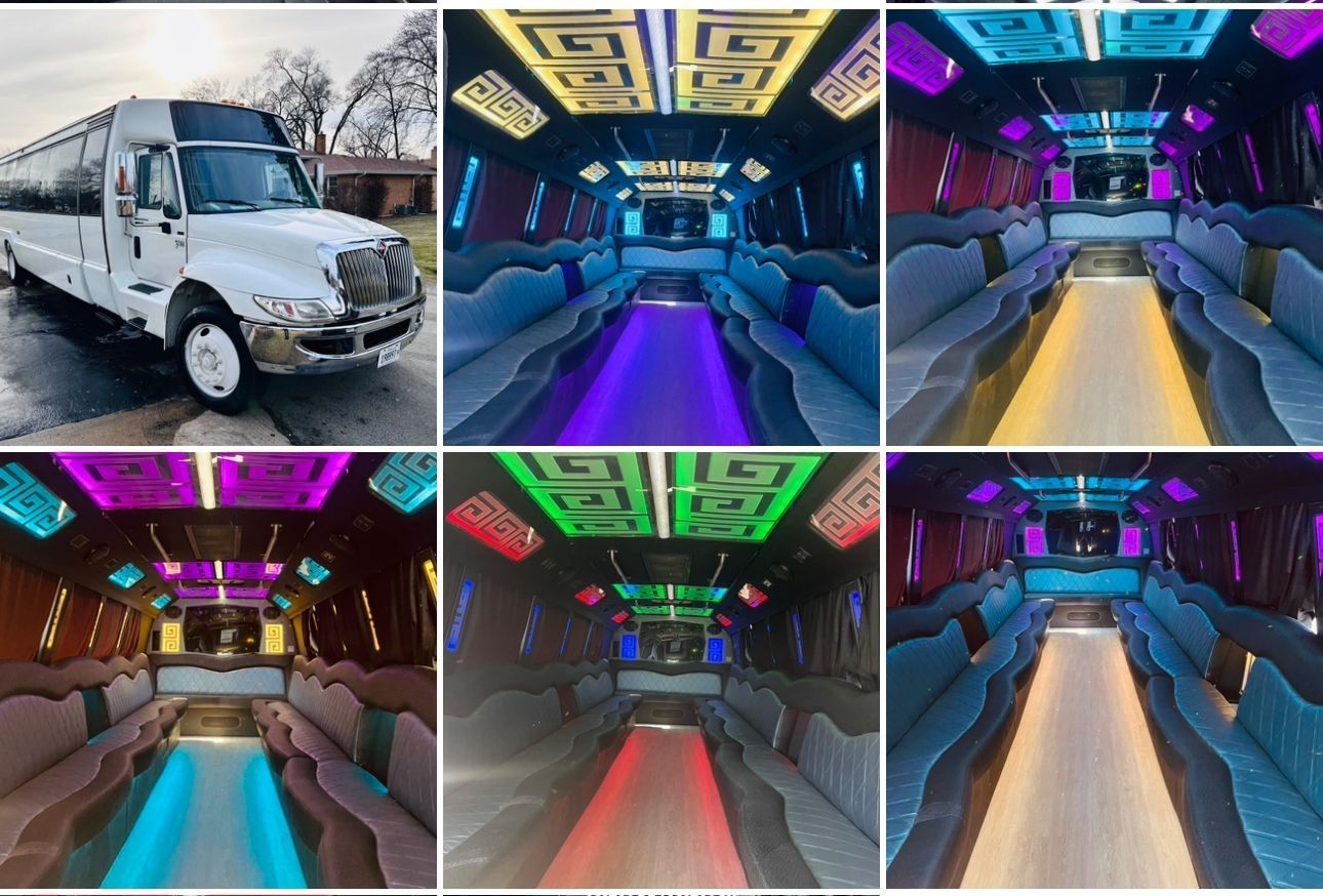 White party bus exterior and interior views with colorful LED lights, seating, and bar area.