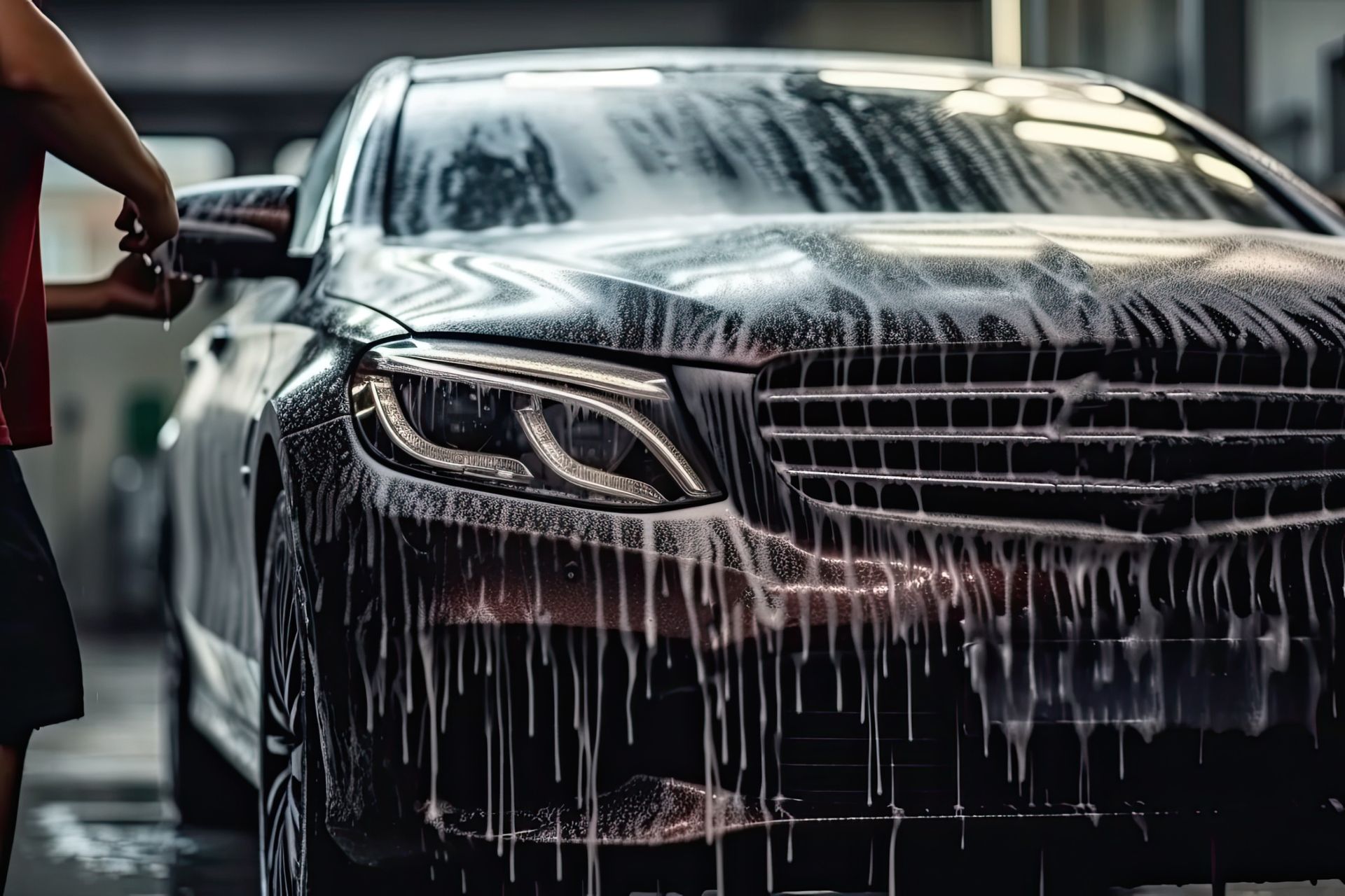 a man is washing a car with soap and water .