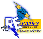 Logo for Raiden Electrical LLC: Blue gloved hand holding a yellow lightning bolt, with "RE" and business info.