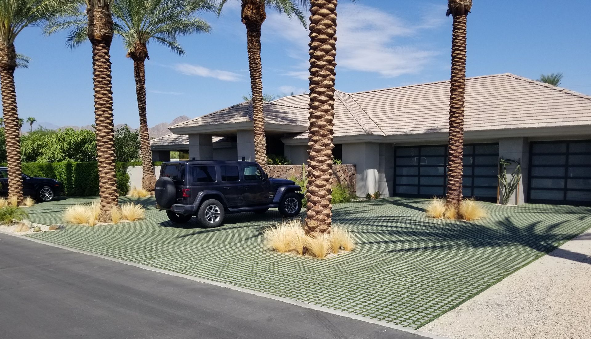A black jeep is parked in front of a house surrounded by palm trees.