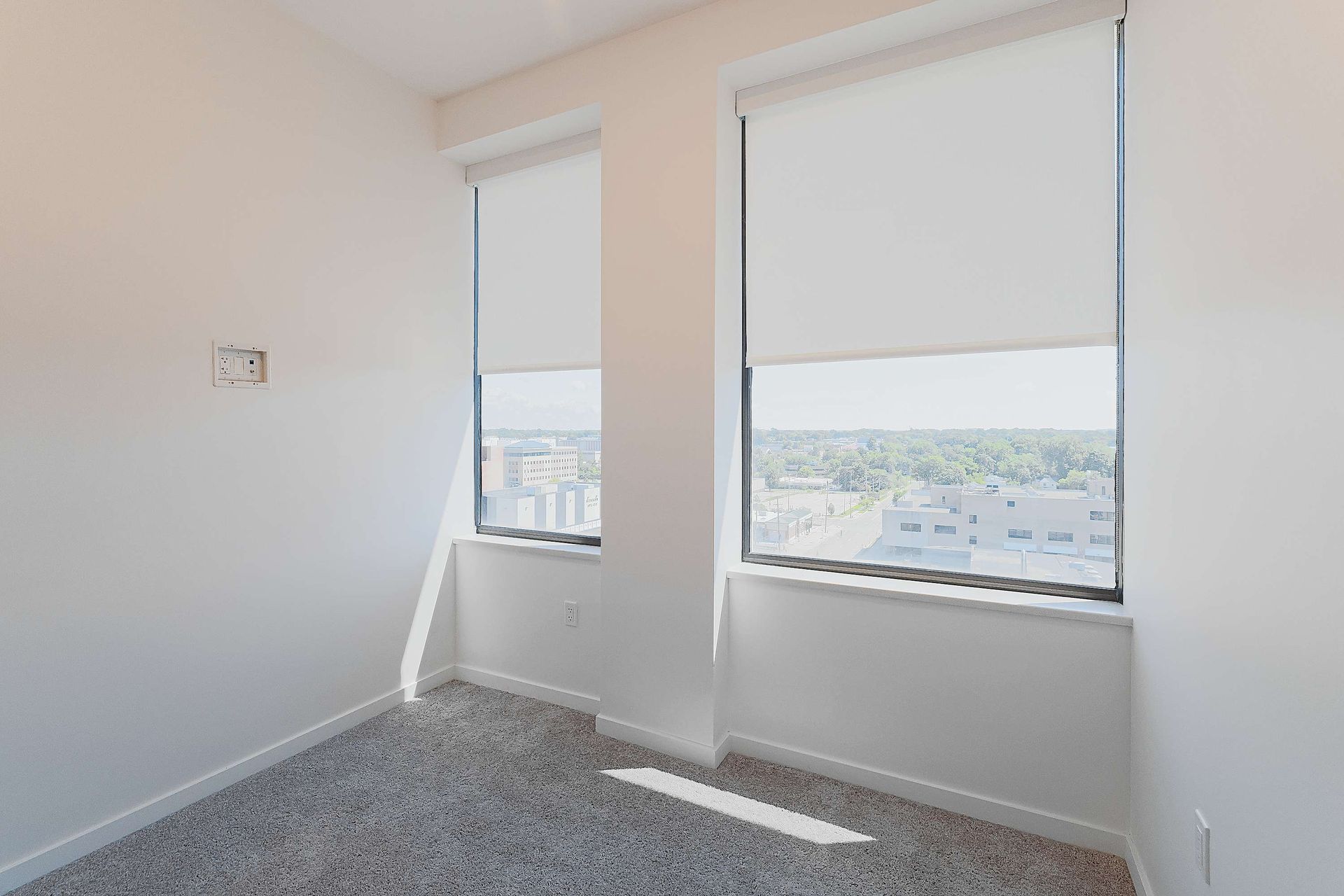 An empty bedroom with two windows and a carpeted floor.