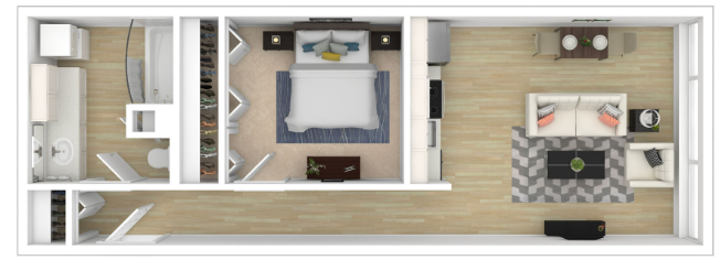 A 3d floor plan of a small apartment with a bedroom , living room , and bathroom.