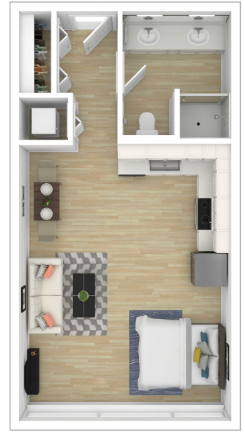 A 3d floor plan of a small apartment with a bedroom , living room , and kitchen.