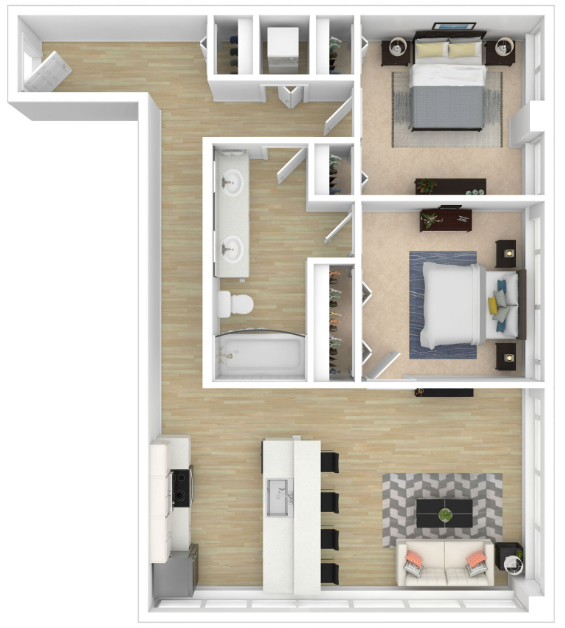 A 3d floor plan of a house with two bedrooms and a bathroom.
