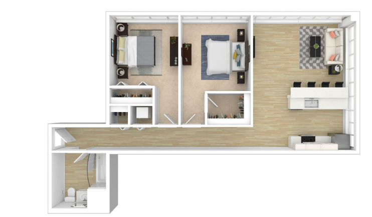 A 3d floor plan of a house with a bedroom , living room , and kitchen.