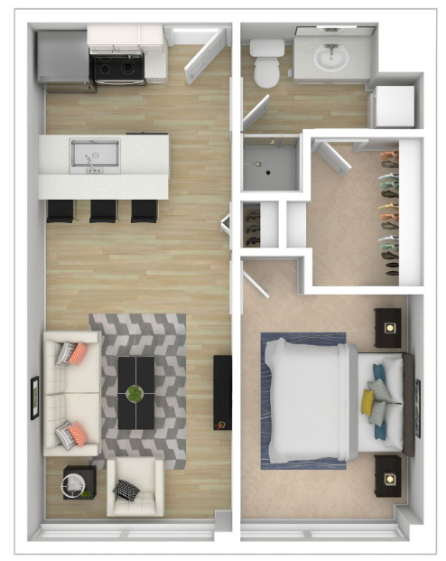A 3d floor plan of a small apartment