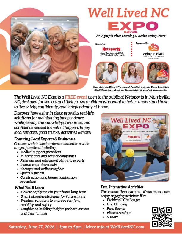 Flyer for the Well Lived NC Expo on June 27, 2026, at Metsports in Morrisville, NC, featuring local aging-in-place resources.