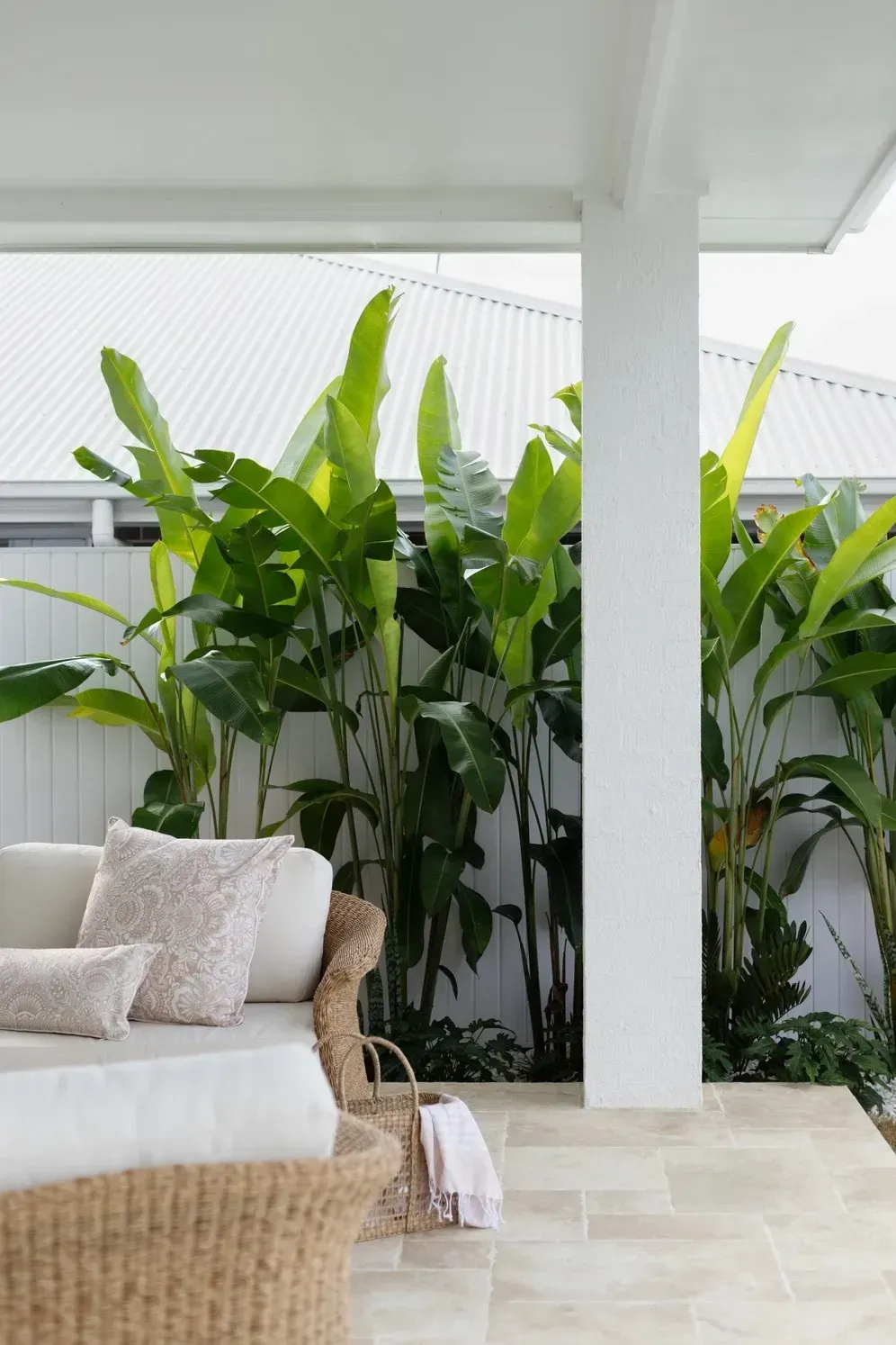 A Living Room with A Wicker Couch and Plants — Billabong Pool Co in Smeaton Grange, NSW