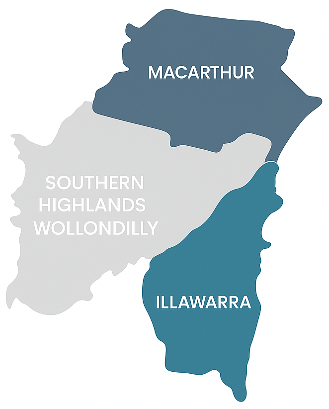 Map of New South Wales, Australia, showing the regions of Macarthur (blue), Illawarra (blue), and Southern Highlands/Wollondilly (grey).