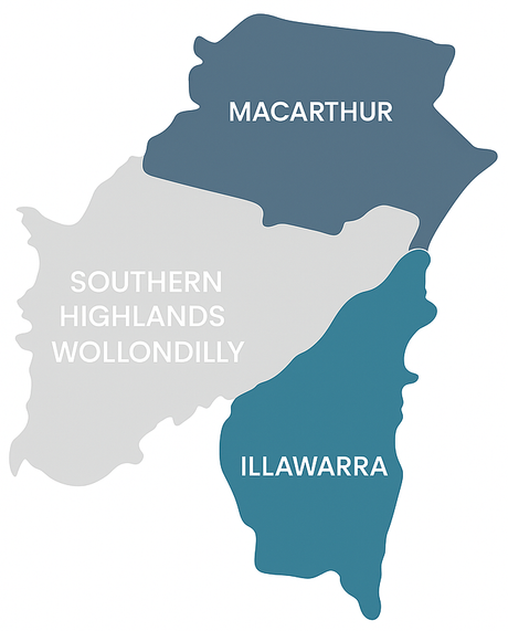 Map of the Illawarra, Macarthur, and Southern Highlands/Wollondilly regions in blue and grey.
