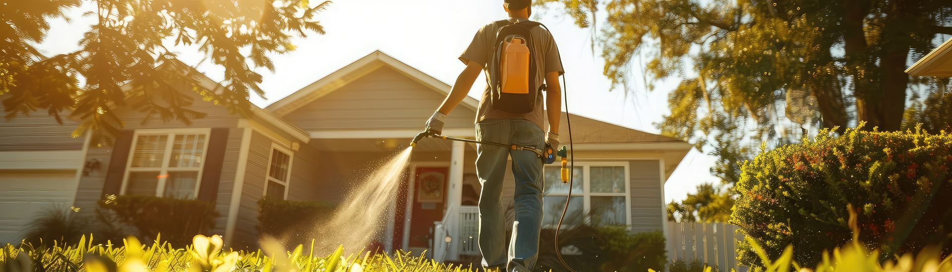 Man spraying insecticide around home's exterior, targeting bugs and termites, ensuring effective pes