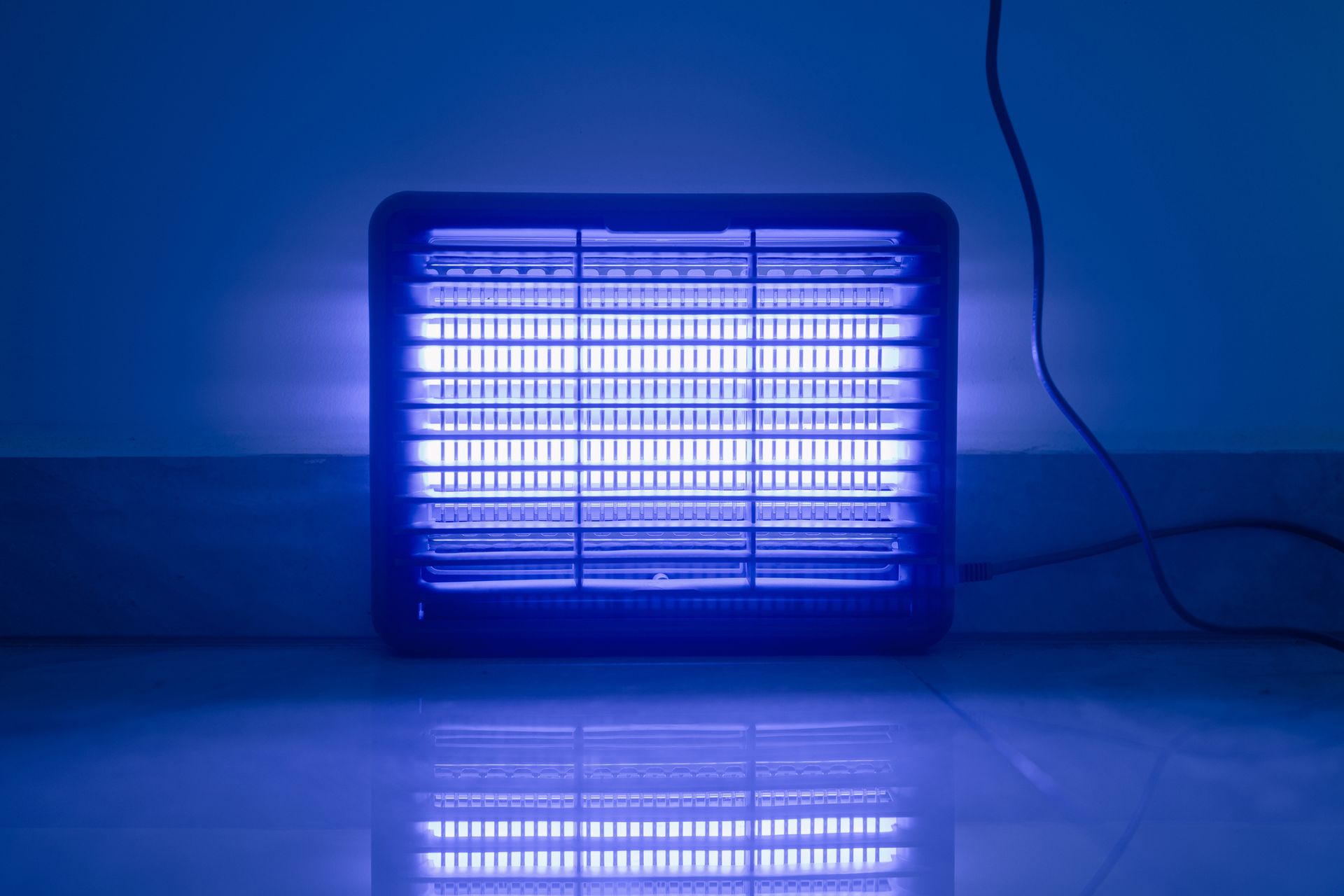 A mosquito killer with a blue light on it is sitting on the floor.