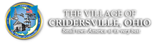 Seal of the Village of Cridersville, Ohio: blue and gold seal, skyline images, Ohio map.