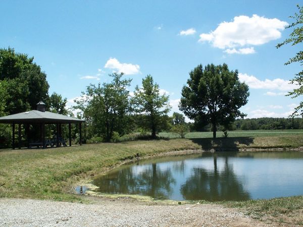A sunny park scene with a gazebo, pond, and trees under a blue sky.
