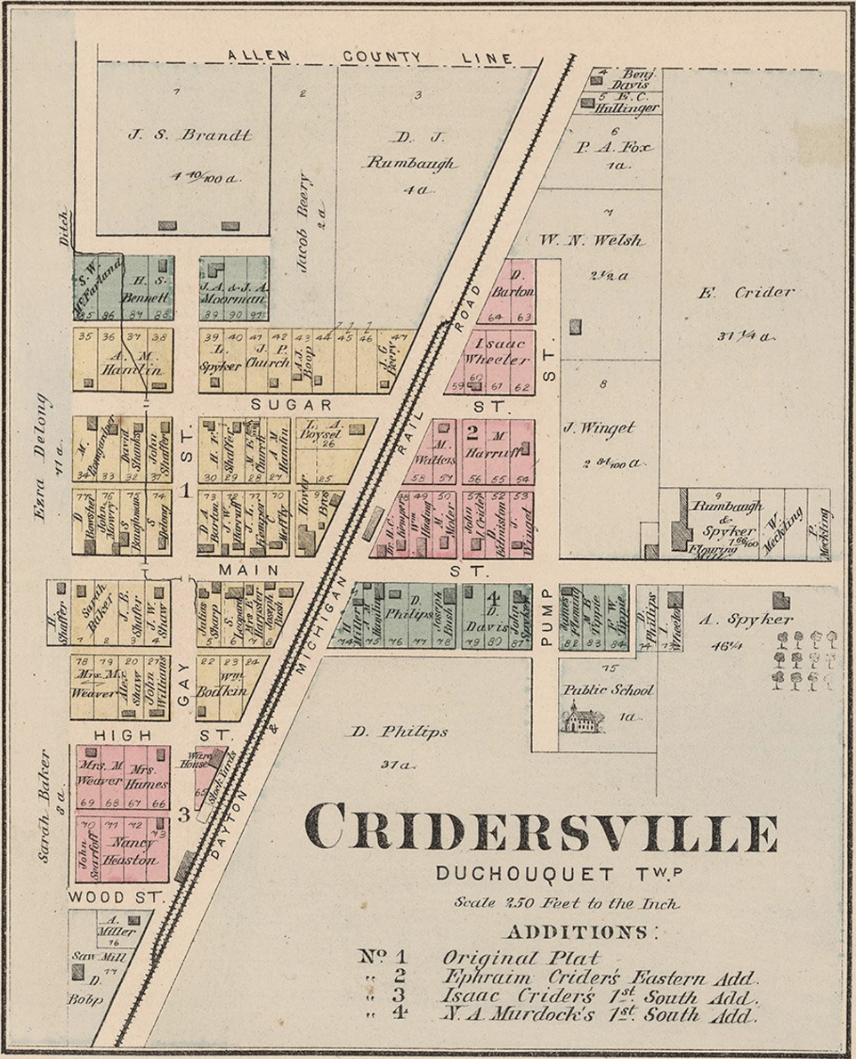 Map of Cridersville, Duchouquet Twp additions. Shows plots and street names, using color.