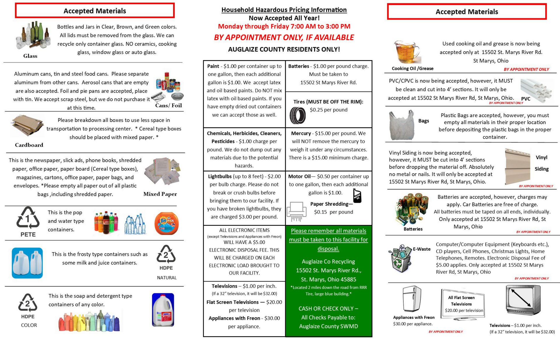 Recycling guide detailing acceptable and unacceptable materials, with related icons and descriptions.
