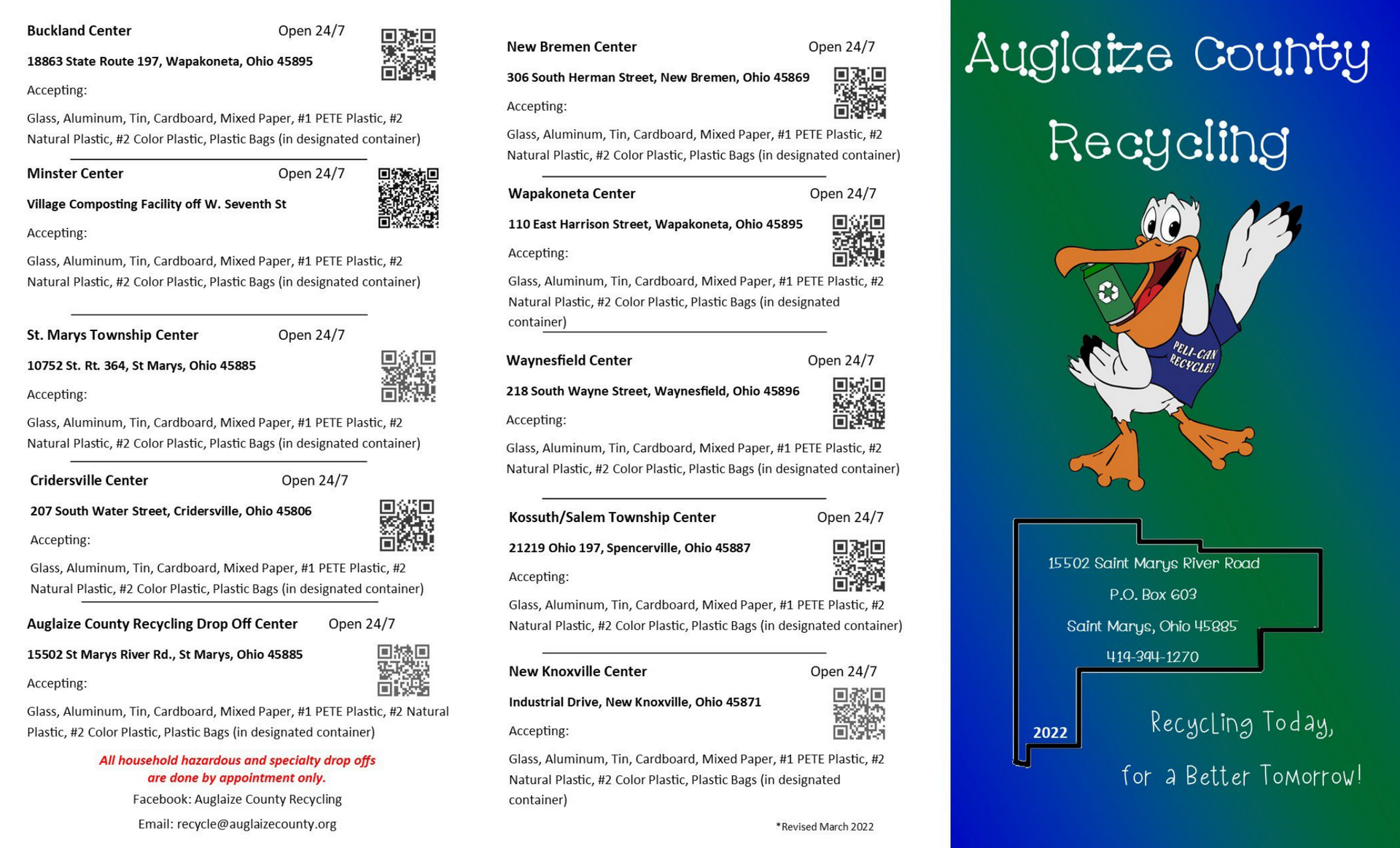 Brochure for Auglaize County Recycling. Pelican mascot. List of recycling locations. Blue and green gradient background.