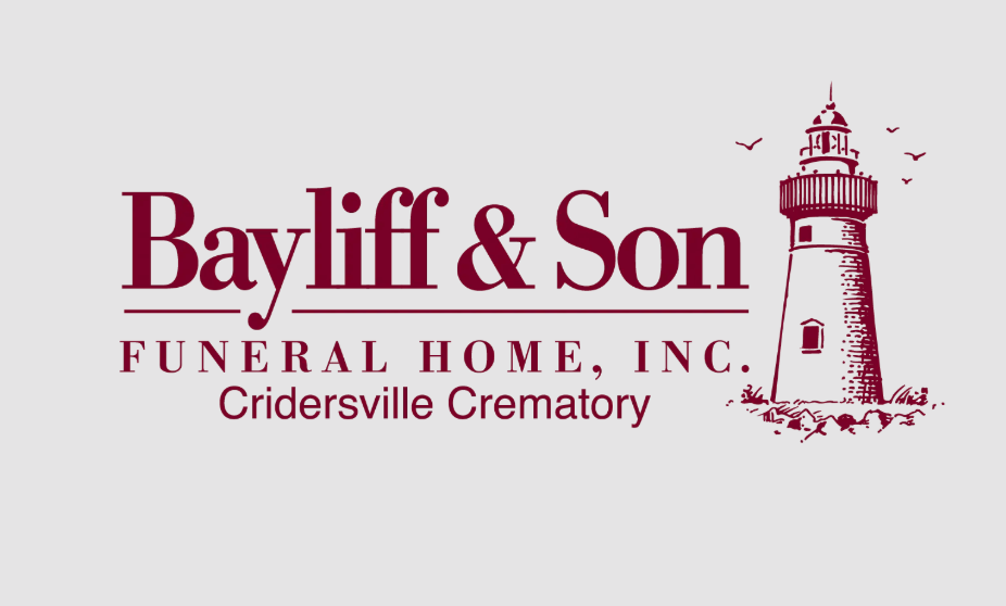 Bayliff & Son Funeral Home logo: maroon text and lighthouse graphic.