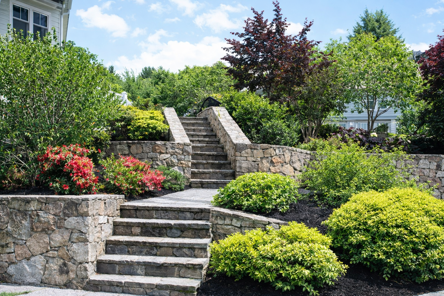 Stone steps and retaining walls in a landscaped garden with shrubs and trees under bright sunlight
