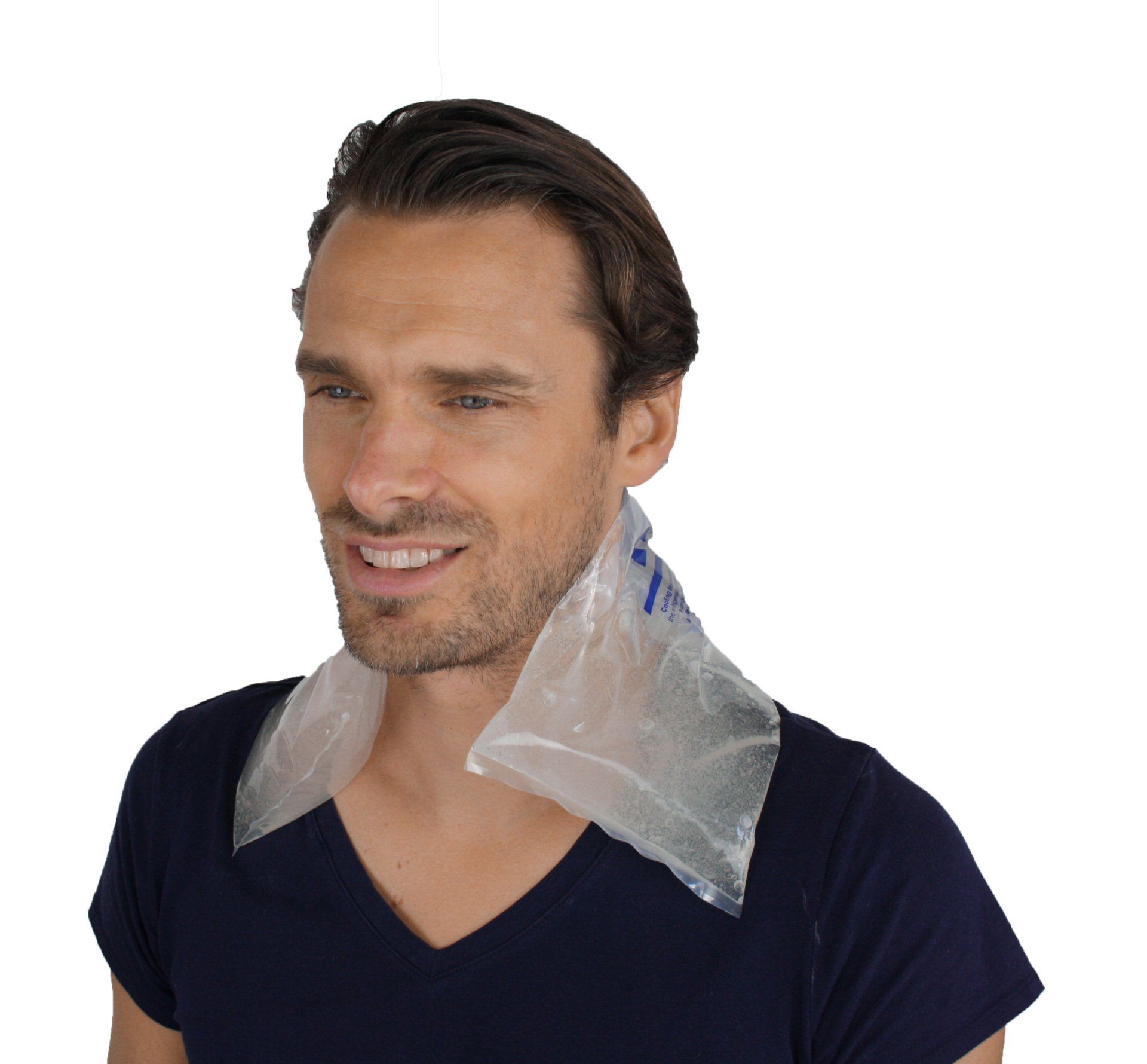 man putting ice gel pack on neck