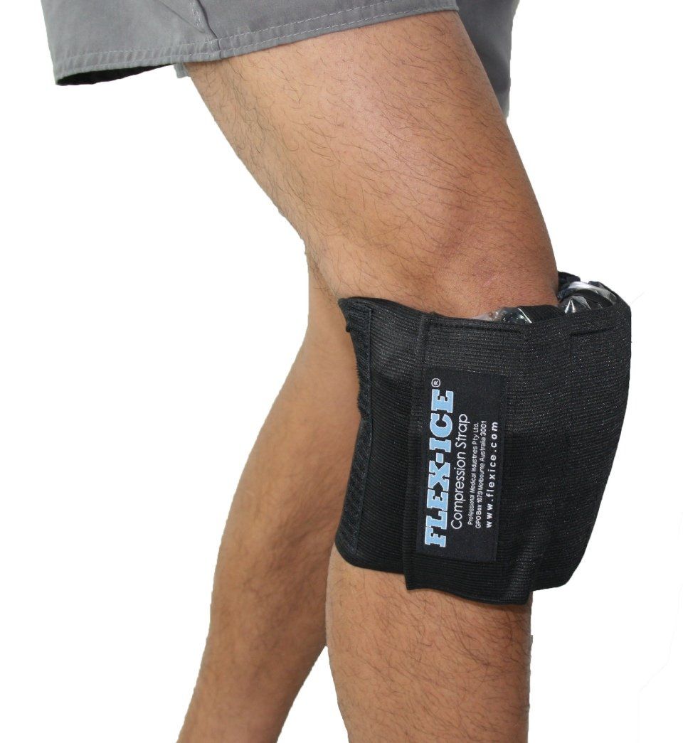 man using ice gel pack with strap on the right knee