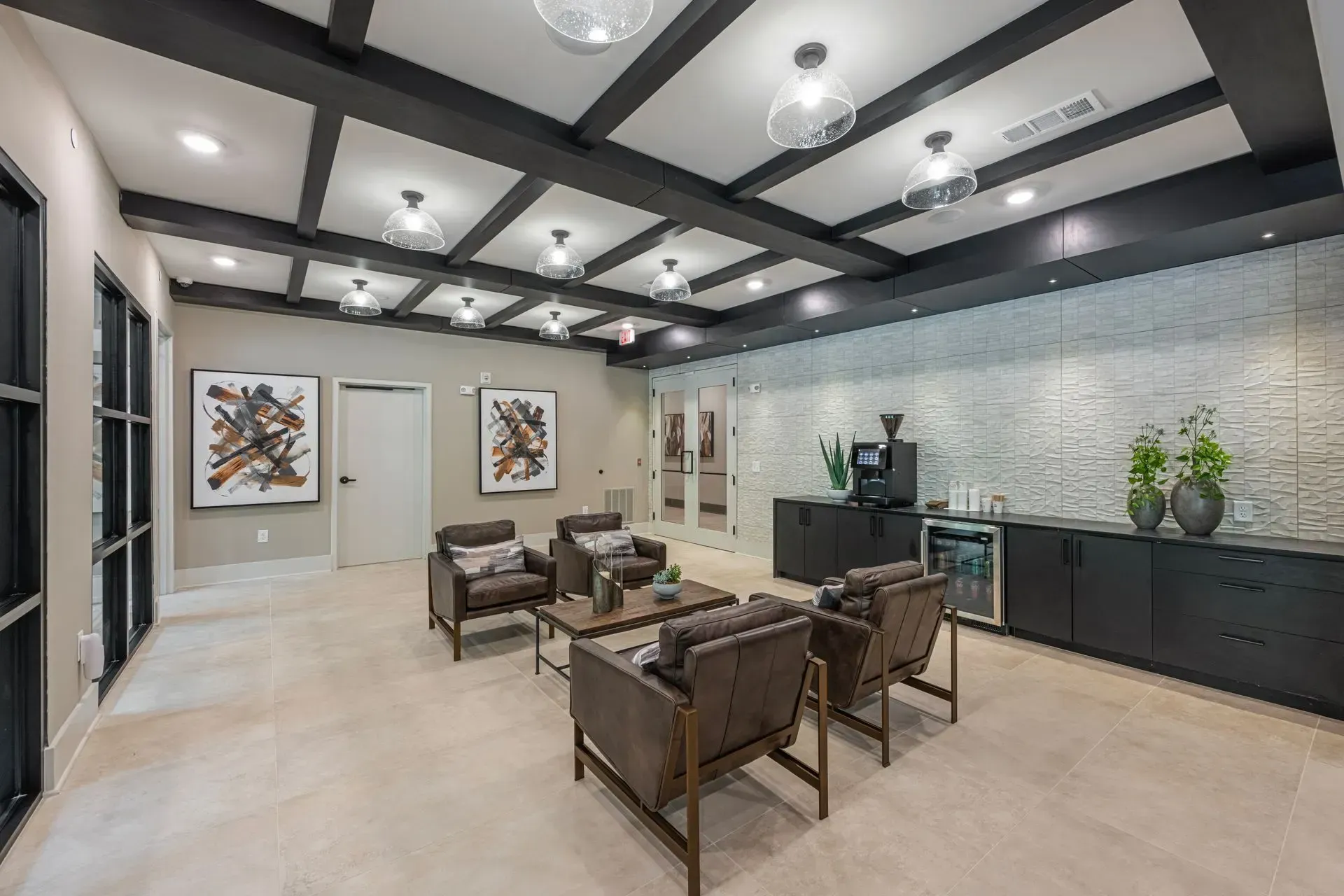 A living room with a lot of furniture and a ceiling