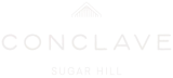 A white logo for conclave sugar hill on a white background.