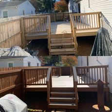Before and after photos of a wooden deck stained a darker brown with railings and stairs in a backyard.
