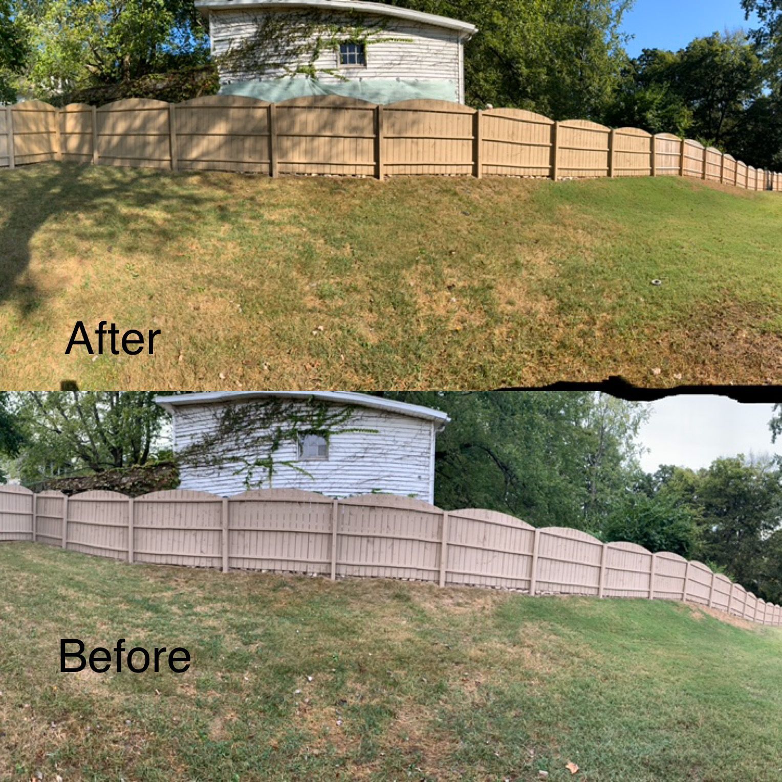 Comparison of a wooden fence, before and after a makeover, on a grassy hill, with a small white building in the background.