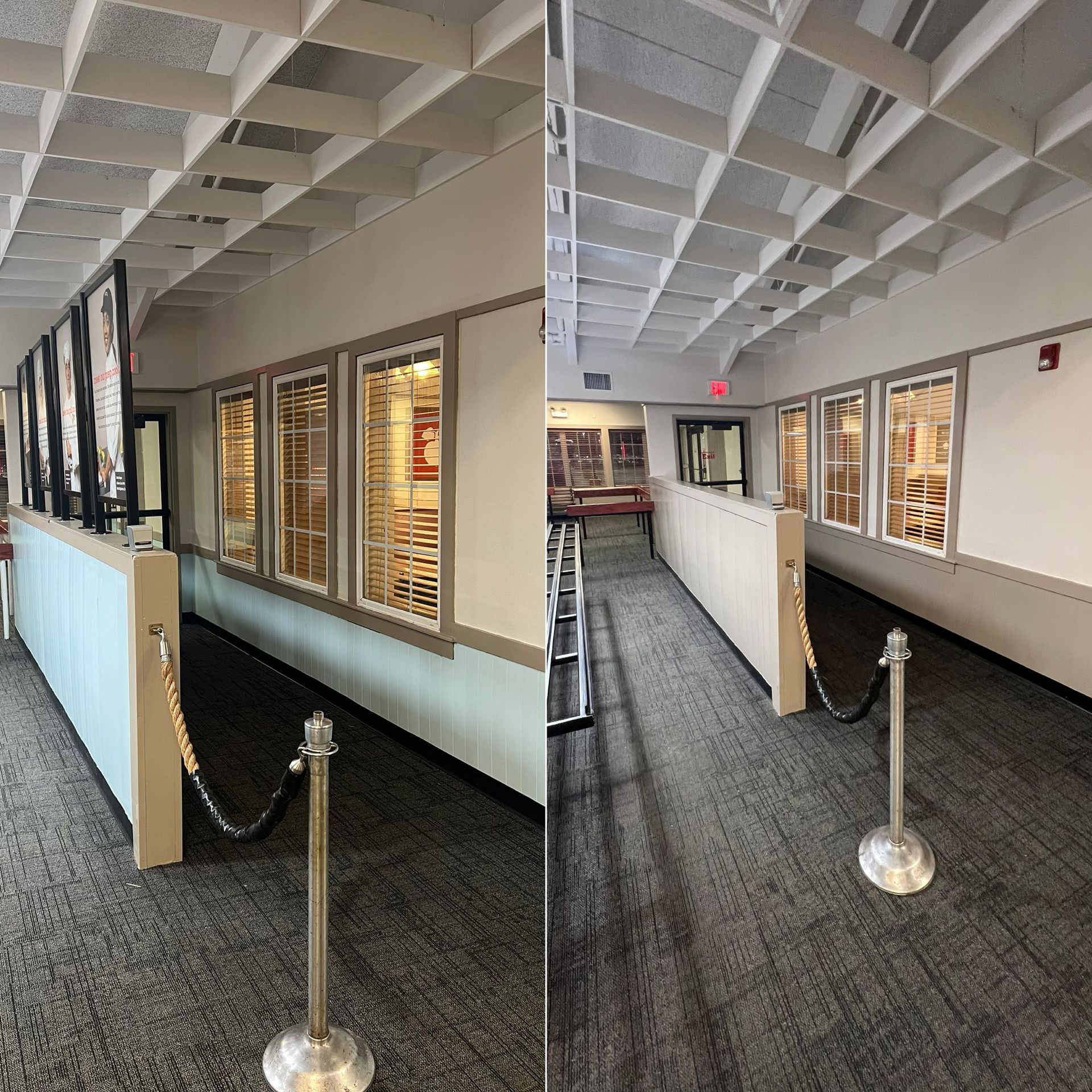 Two photos showing museum hallway with display cases, ceiling tiles, and stanchions.