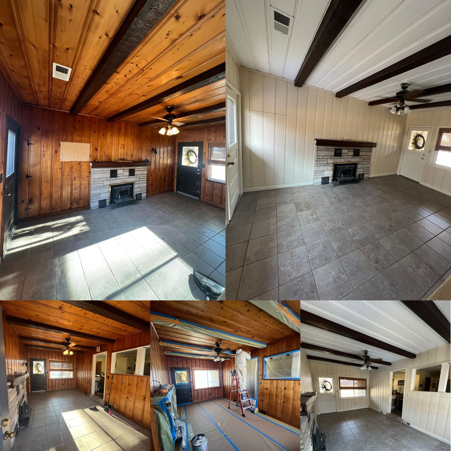 Living room renovations: wood paneling and beams, fireplace, windows, and ceiling fan.