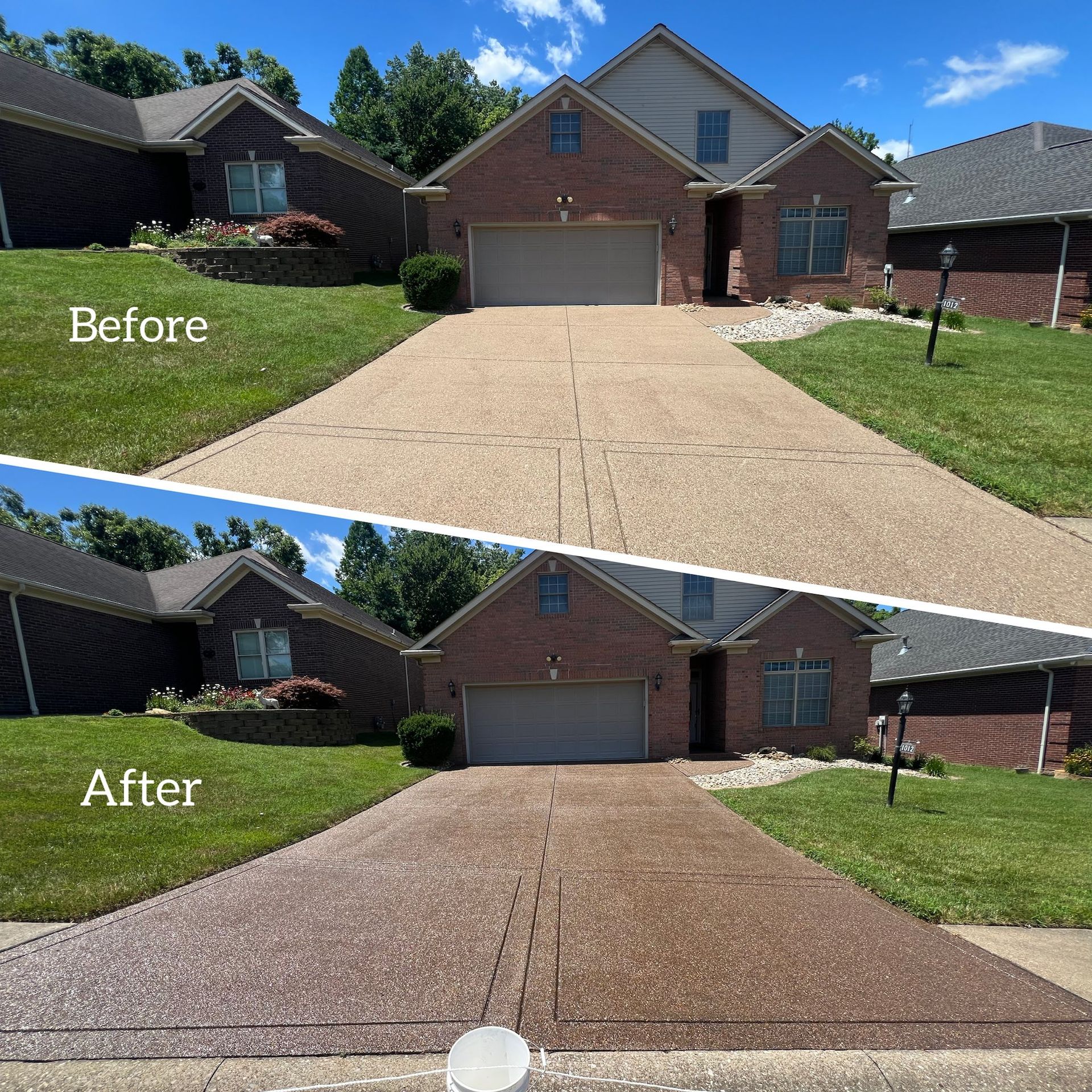 Before/after photo of a driveway: old tan concrete before, dark brown concrete after. Houses and grass in the background.