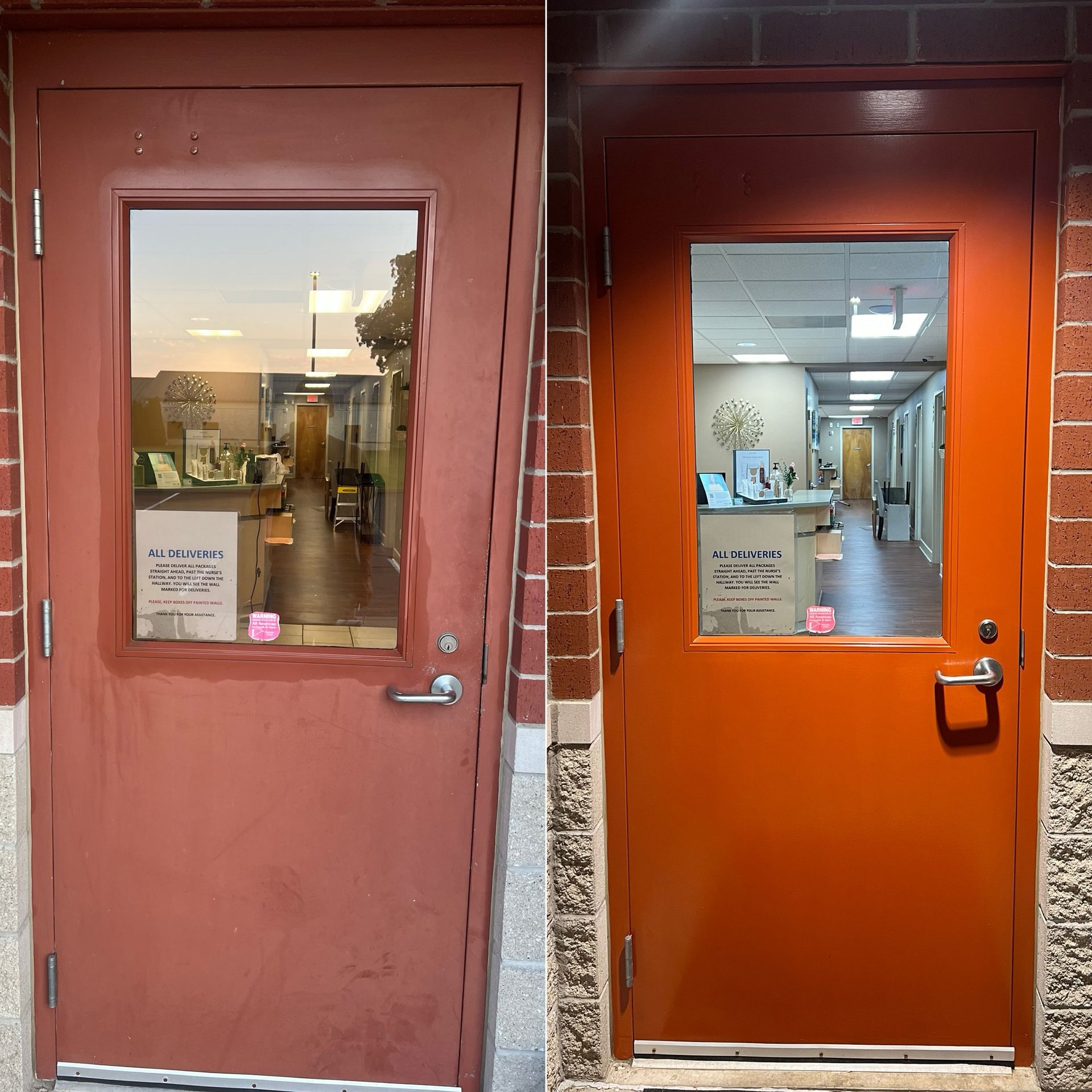 Before and after photos of a door; showing a faded red door before and a freshly painted orange door after.