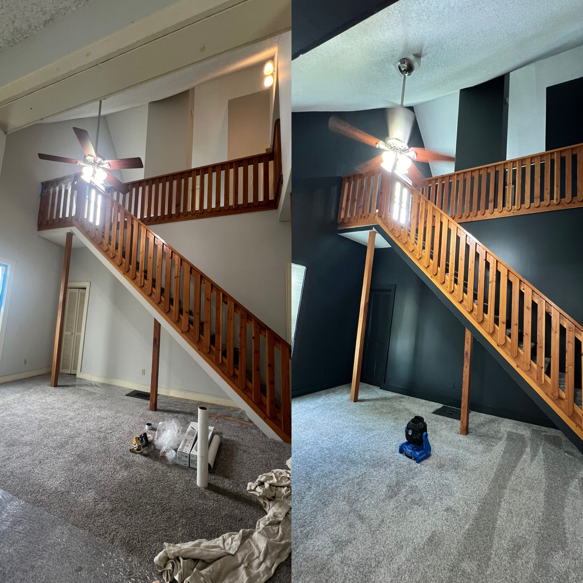 Before and after of a room with a staircase.  One side is light, the other dark, showing a paint job.