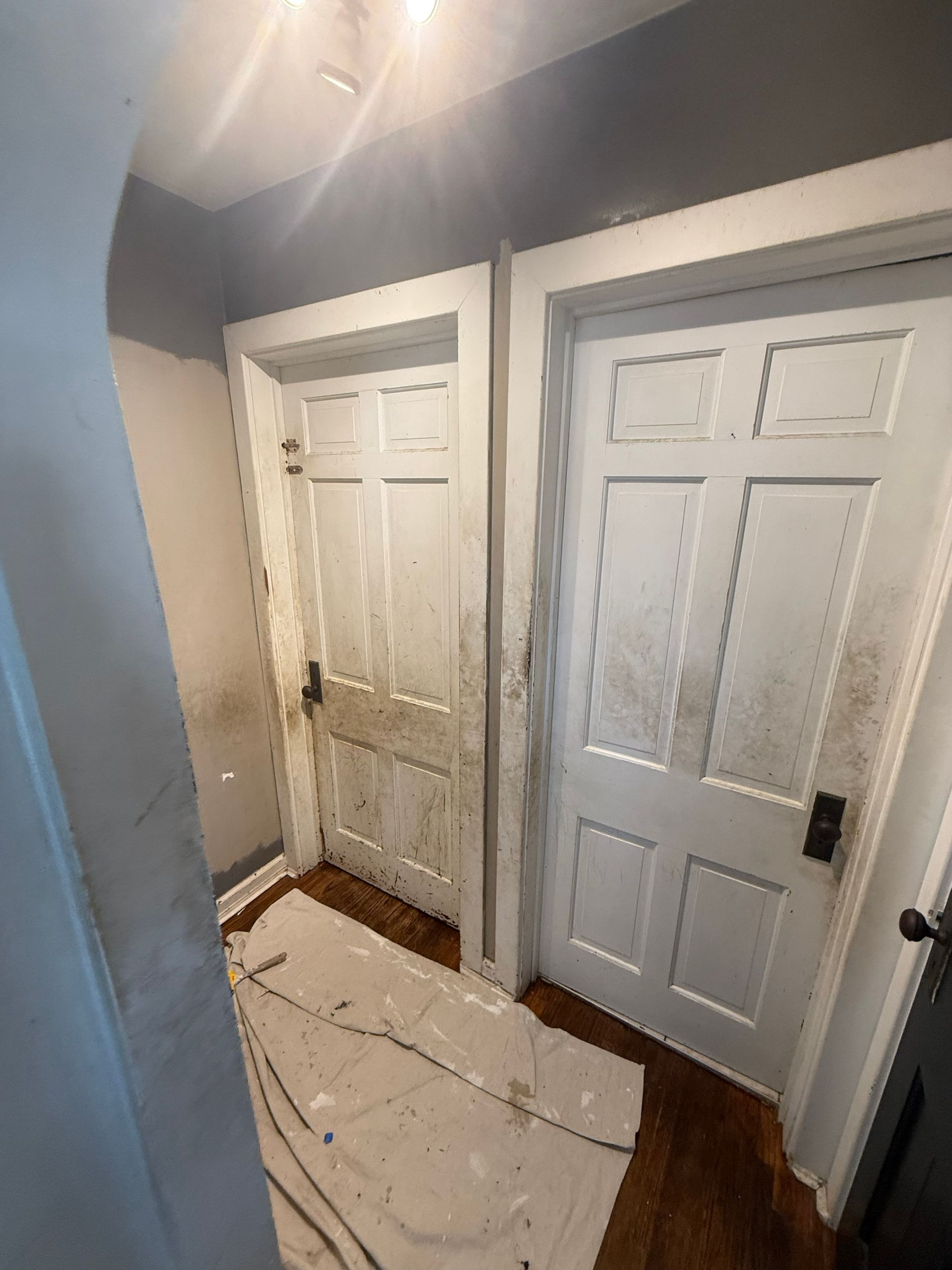 Two white paneled doors in a hallway, one slightly ajar. Floor is wood, walls gray and white.