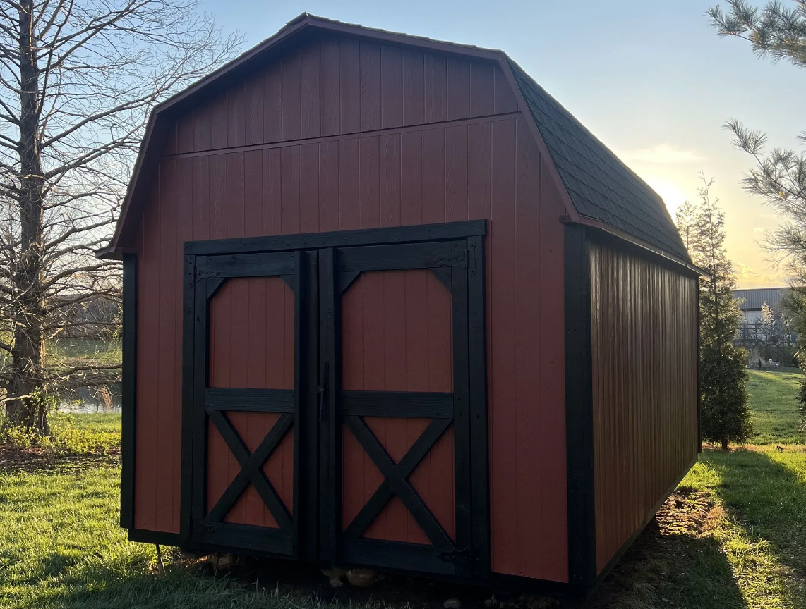 Red barn shed with black doors and trim, set in a grassy yard.