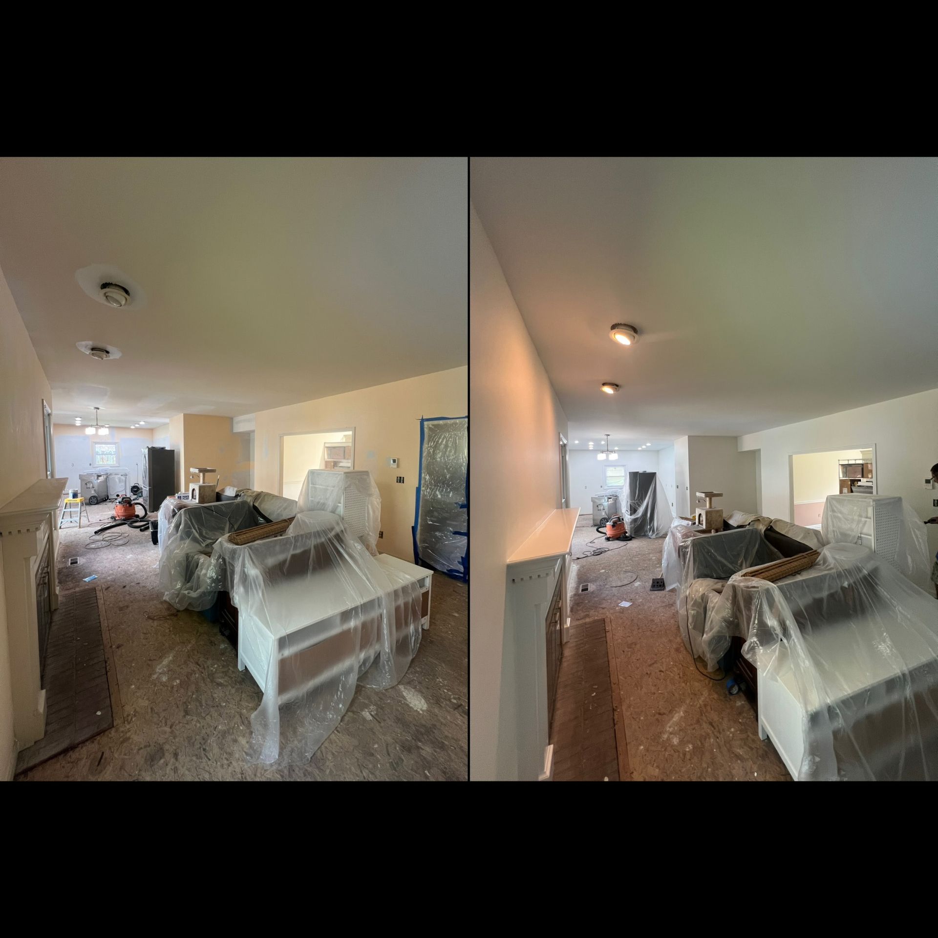 Two photos side-by-side show a room under renovation, covered furniture, and construction materials.