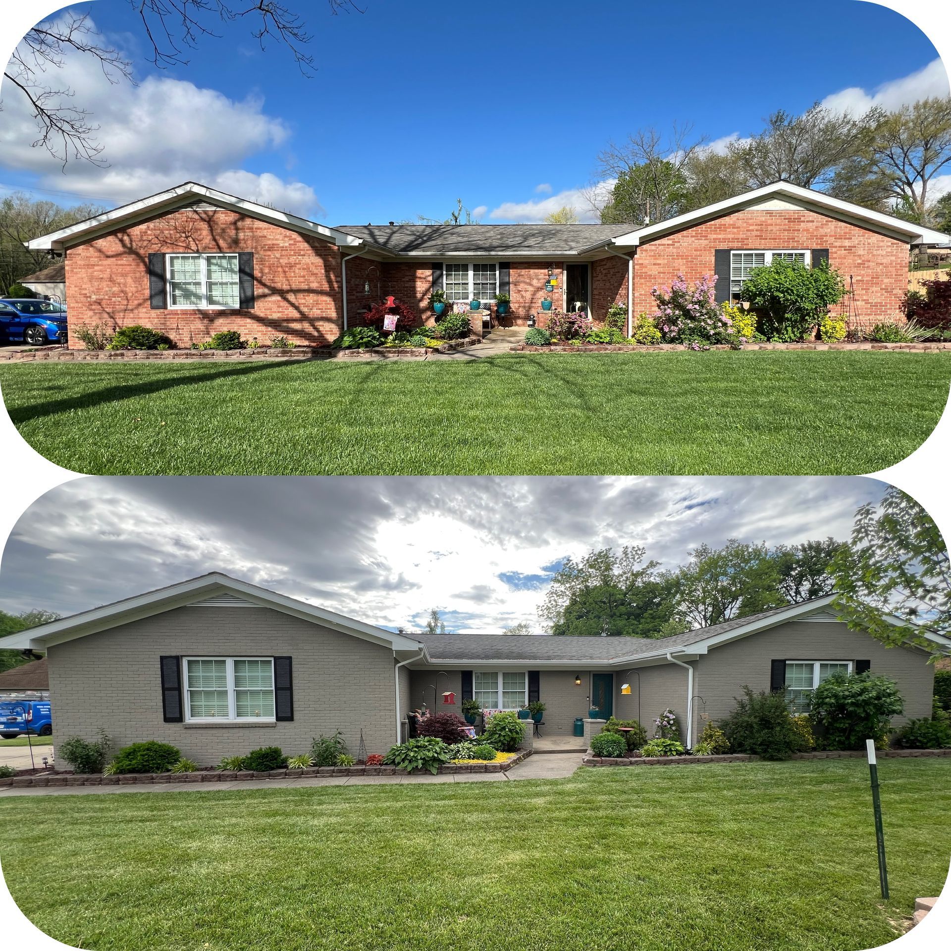 Before and after photos of a brick home with black shutters, then painted gray.