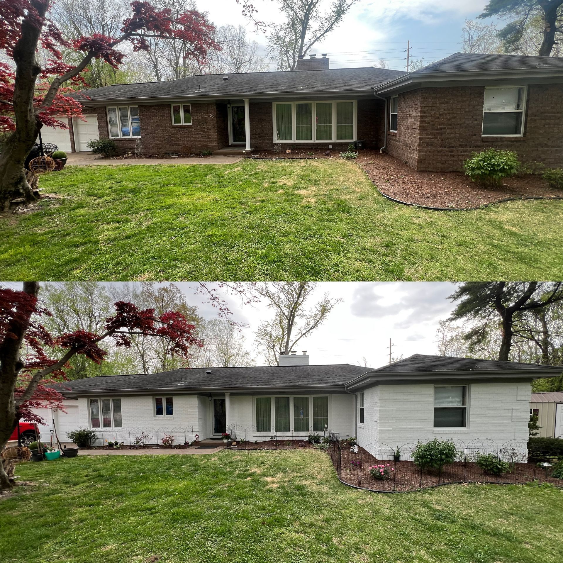 Before and after photo of a brick house. Top image is red brick, bottom is white painted brick.
