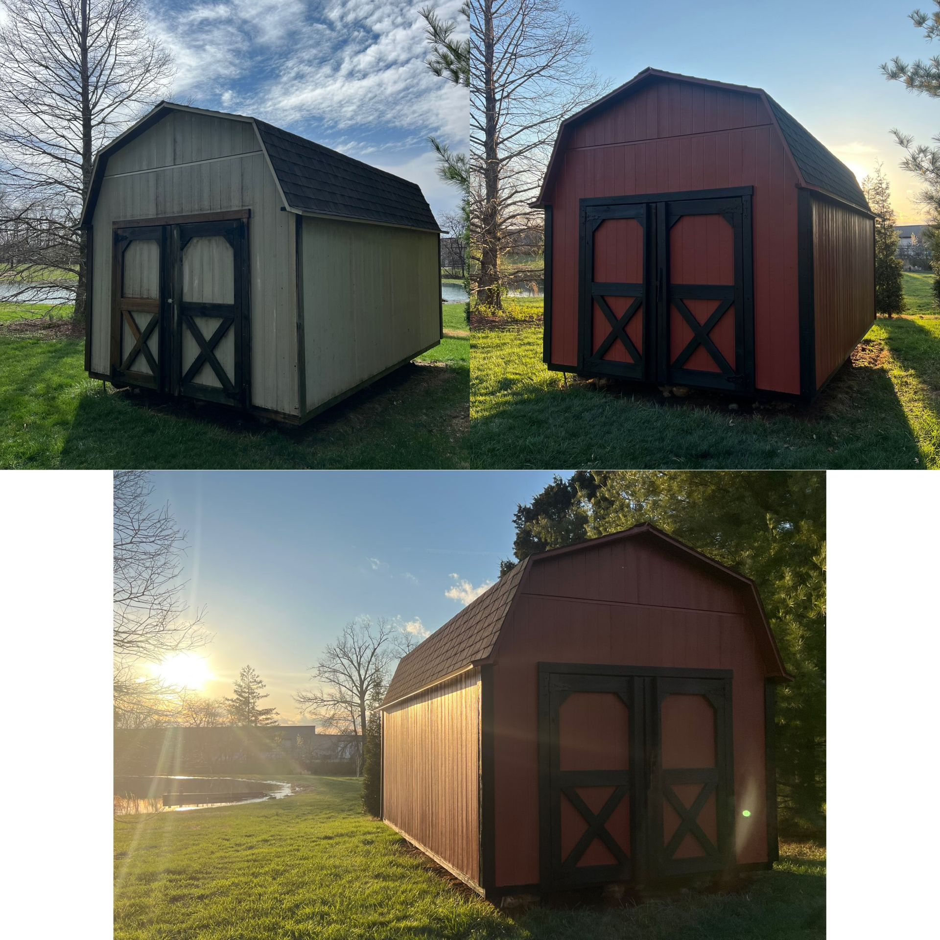 Three different views of a red and tan shed with black doors, against a green lawn and sky.
