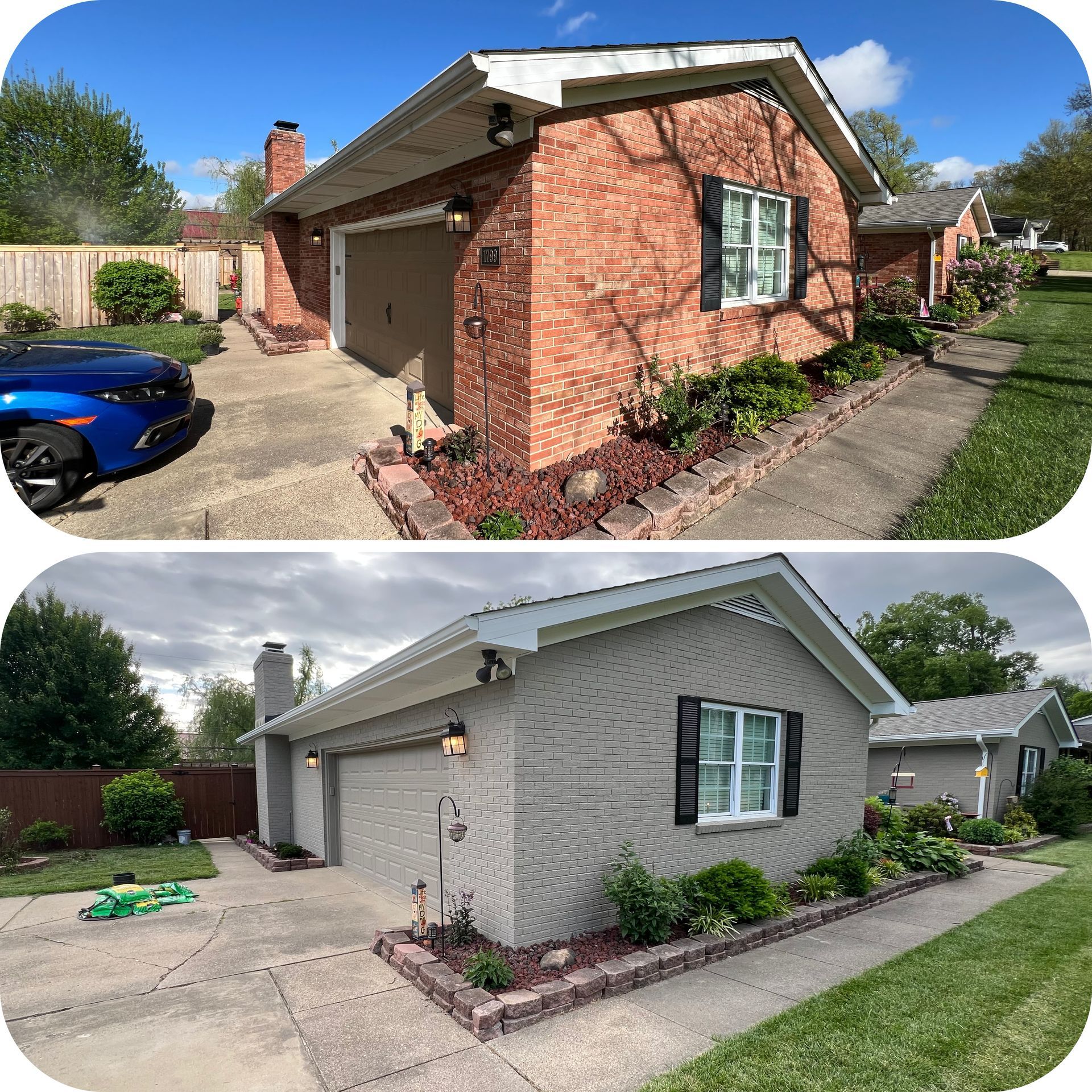 Top: Red brick house with garage. Bottom: Same house painted gray.
