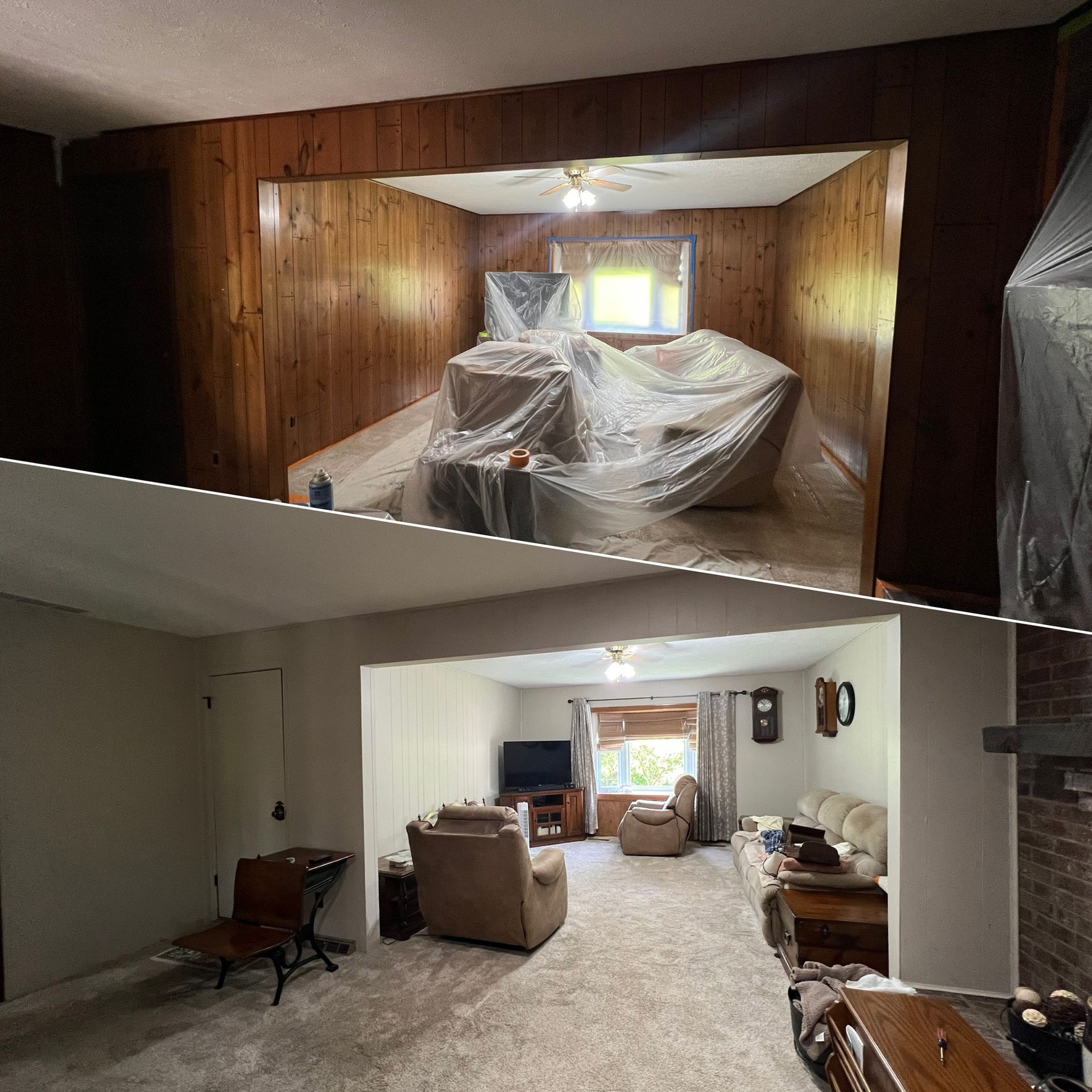 Before and after of a room renovation. The top shows wood paneling; the bottom, a finished living space.