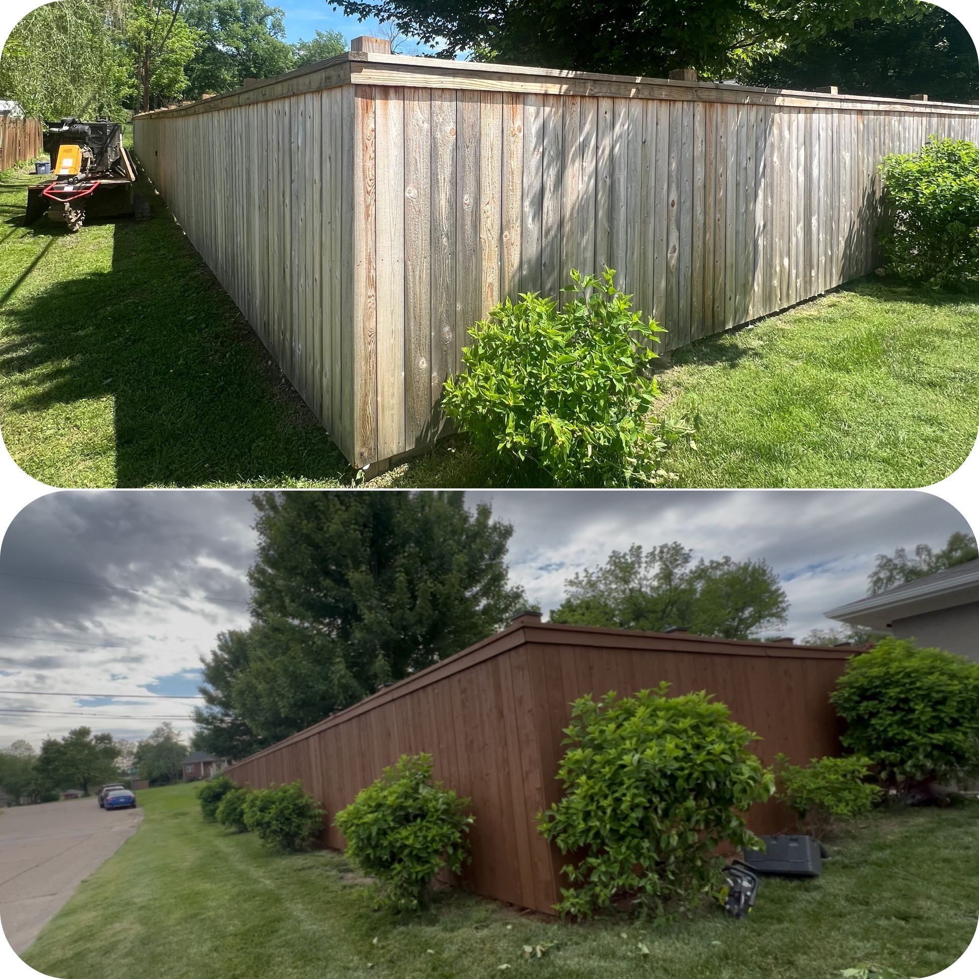 Before and after comparison of a wooden fence, faded gray above, stained brown below, along a grassy yard.