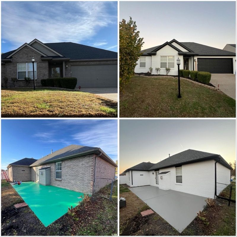 Brown wooden front door with stained glass windows, framed by white trim and brick.