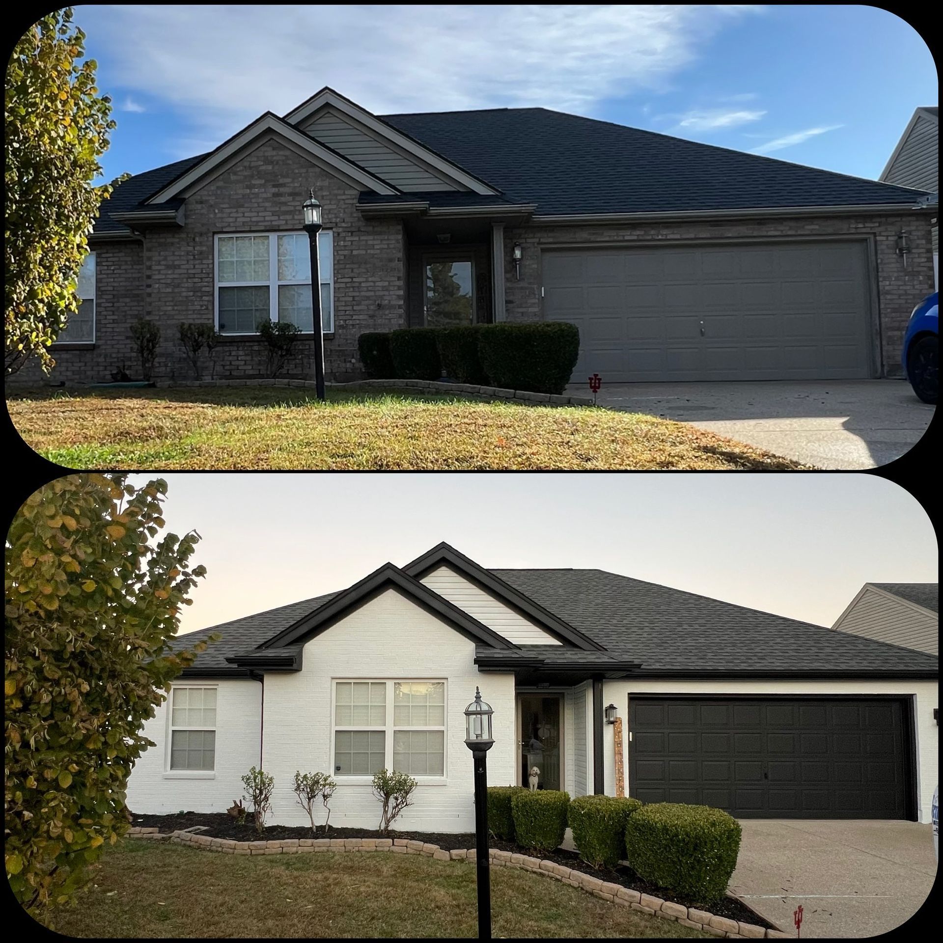 Brown wooden front door with stained glass windows, framed by white trim and brick.