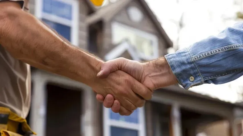 Two construction workers shaking hands in front of a house.